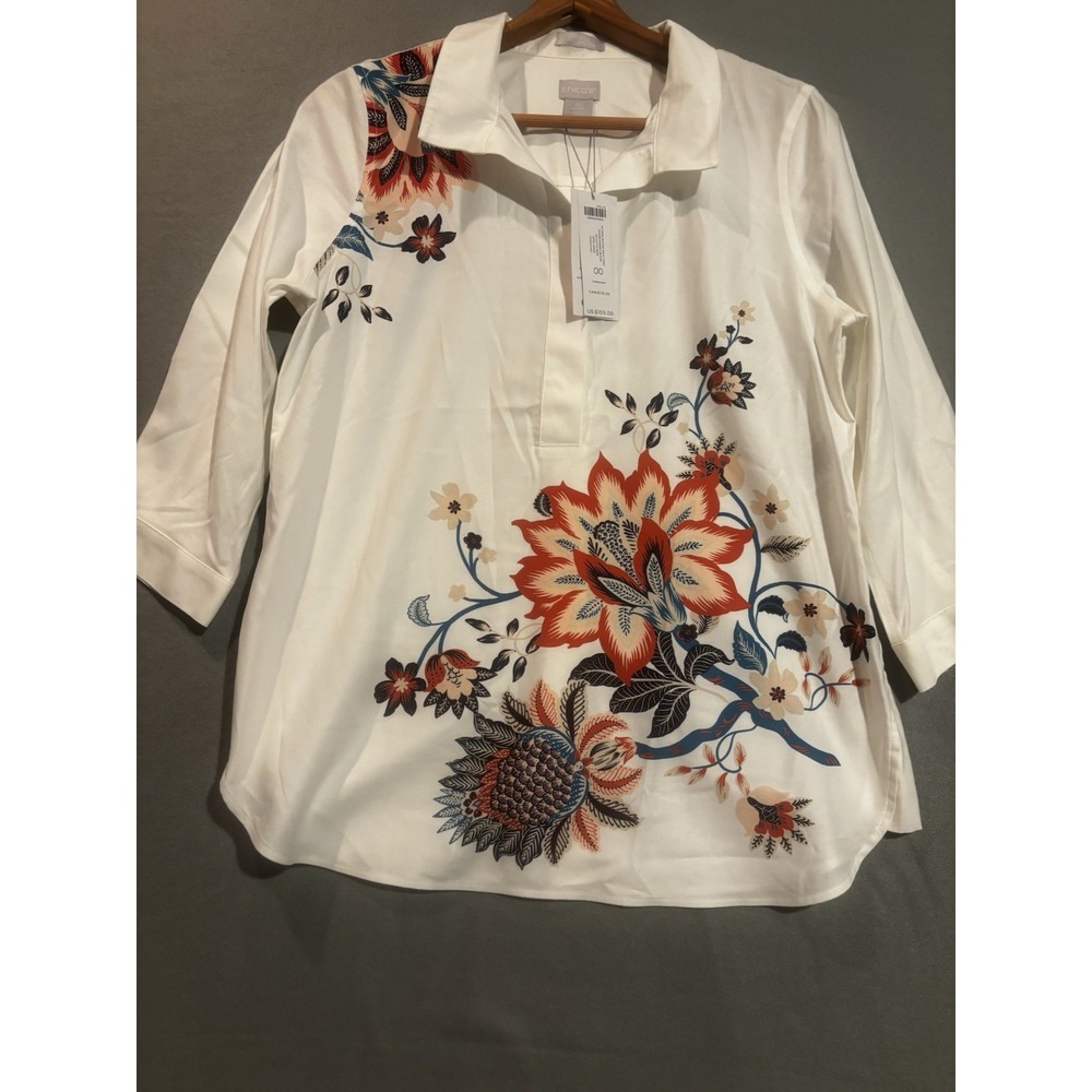 Chico's Blouse White Floral Womens 00 No Iron Chic Stretch Tunic Top Flower XS